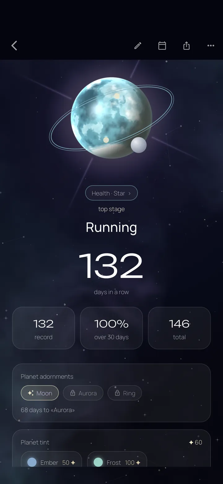 Screenshot: a planet card with stage and streak