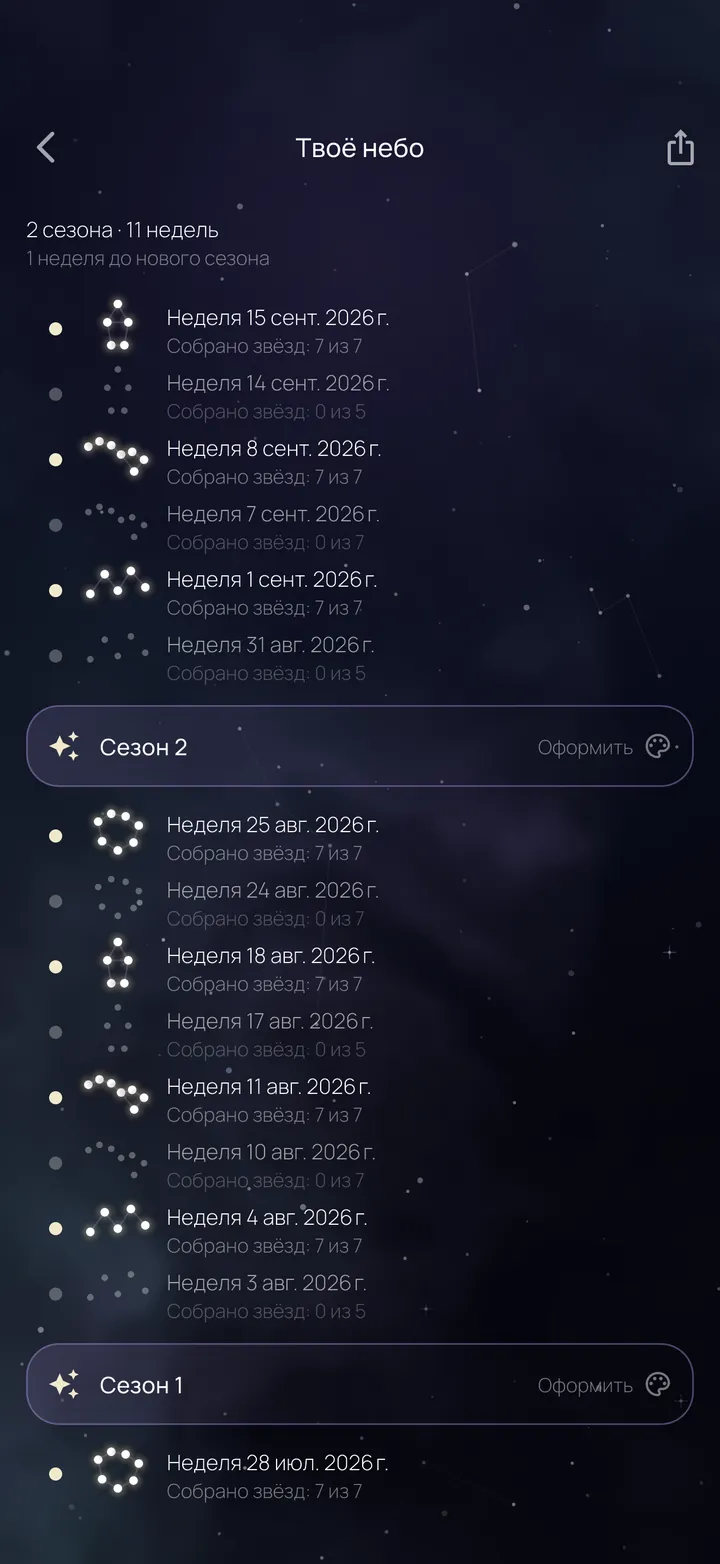 Скриншот: твоё небо — созвездия прошлых недель